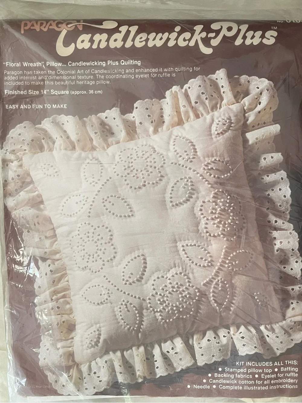 Vintage PARAGON Candlewick-Plus Embroidery Floral Wreath Pillow Kit